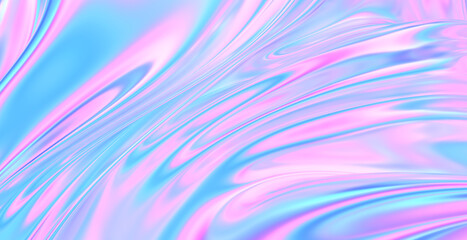 Obraz premium Cloth fabric gradient waves abstract background. Iridescent chrome wavy surface. Liquid surface, ripples, reflections. 3d render illustration.