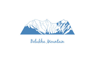 Belukha Mountain, popular peak for climbing. Altai Mountains stylized illustration. Mountain vector icon for logo, emblem, banners for skiing and mountain climbing, hiking trails, in linear style.