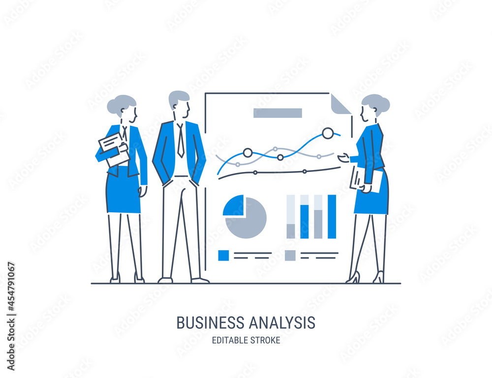Poster data analysis concept. people work with data on charts. teamwork. auditing, financial consulting. fl