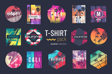 Collection of fourteen colorful vector t-shirt summer designs, prints, illustrations - obrazy, fototapety, plakaty