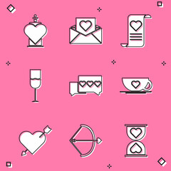 Set Bottle with love potion, Envelope Valentine heart, Wine glass, Like and, Coffee cup, Amour arrow and Bow icon. Vector