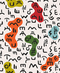 Mysterious Alphabet Ethnic Hand Drawn Vector Seamless Pattern. Colorful Design for Fabric, Wrapping Paper, Gift Cards etc.