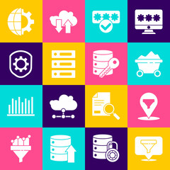 Set Location with sales funnel, Coal mine trolley, Password protection, Server, Data, Web Hosting, Shield settings gear, Globe of the Earth and and security key icon. Vector