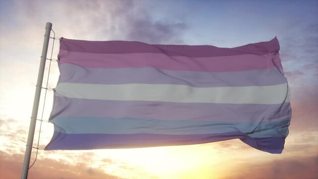 Bigender pride flag waving in the wind, sky and sun background