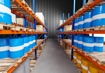 Warehouse with pallet racks. Storage of chemical products. Pallet racks with barrels. Logistics center.