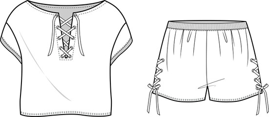 drawstring lace up v neck off shoulder short sleeve casual t shirt blouse and flexible elastic waistband short pant flat sketch vector illustration