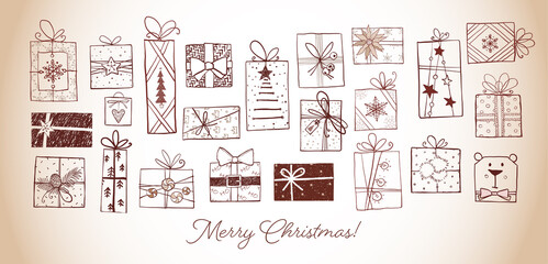 Collection of christmas doodle gift boxes in vintage style.