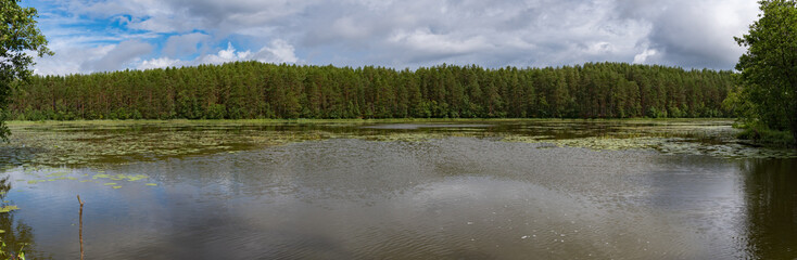Beautiful panoramic view of forest lake Morozovskoe, Vyaryamyanselkya ridge, Karelian Isthmus, Lleningrad region, Russia.