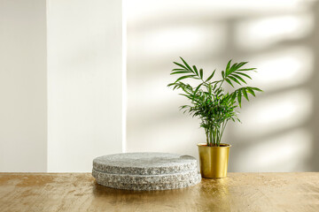 A golden table with a palm tree and a pedestal, an empty space against a wall with a shadow from the falling sun 