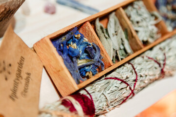 set of dried herbs delphinium, sage, wormwood, lavender, rose. Wormwood wand