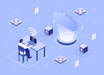 Male character is sitting and saving documents in digital storage on laptop. Concept of cloud backup service in modern enviroment. Data transfering application. Isometric cartoon vector illustration