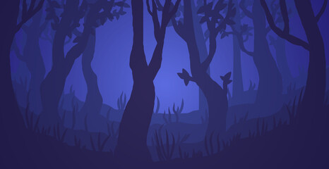 Dark foggy forest vector illustration. Spooky trees at night. Scary woody landscape.