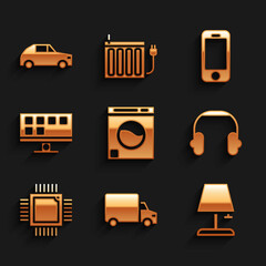 Set Washer, Delivery cargo truck, Table lamp, Headphones, Processor with microcircuits CPU, Smart Tv, Smartphone and Car icon. Vector