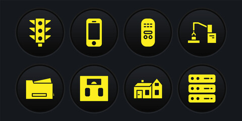 Set Printer, Robotic robot arm hand factory, Bathroom scales, House, Remote control, Smartphone, Server, Data, Web Hosting and Traffic light icon. Vector