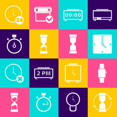 Set Old hourglass, Smartwatch, Clock, Digital alarm clock, Stopwatch, 24 hours and icon. Vector