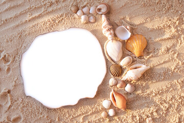 Blank white sheet of paper on white sand with seashells and stones. Message by the sea, romance, saint valenin's day, mother's, father's day. Copy space.