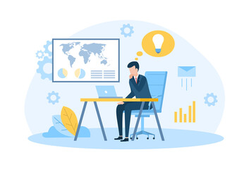 Handsome male character is working on laptop at his desk on white background. Modern office interior with work process icons on the background. Flat cartoon vector illustration