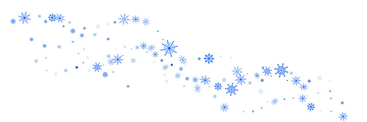 Blue delicate openwork snowflakes scatter on a white background. Festive background, postcard design, wallpaper
