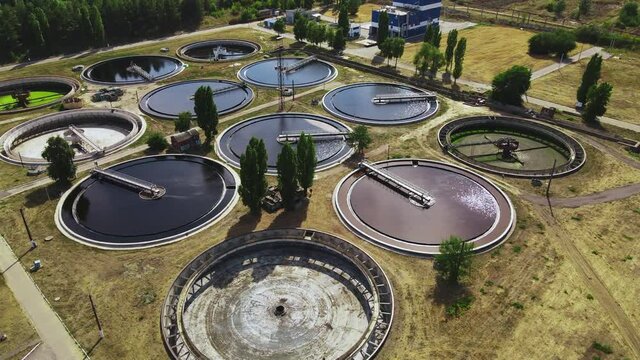 Sewage treatment plant. Sedimentation round tank or clarifier in modern sewage or wastewater treatment plant