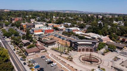 Daytime aerial view of historic downtown Folsom, California, USA.