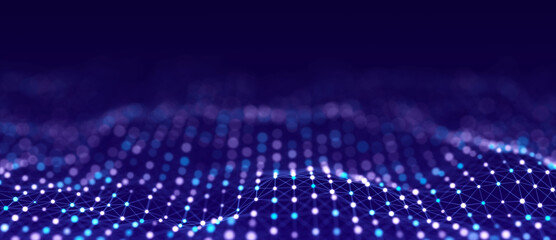 Abstract technology wave of particles. Big data visualization. Background with motion dots and lines. Artificial intelligence.
