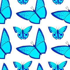 hand draw blue butterfly seamless pattern