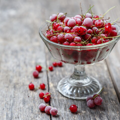 Frozen red currants in a glass vase on a rustic wooden table. Close-up.
