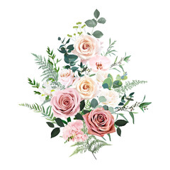 Dusty pink and cream rose, hydrangea flower, orchid, ranunculus vector design