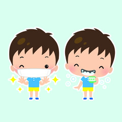 男の子がうがいと手洗いをしているイラスト