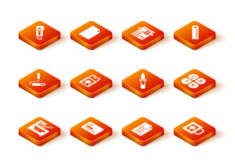 Set Copy machine, Business card, Paint roller brush, Paper shopping bag, Document with graph chart, Pipette, Coffee cup and CMYK color mixing icon. Vector