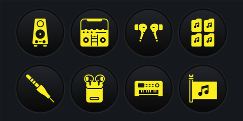 Set Audio jack, Music file document, Air headphones in box, synthesizer, Home stereo with speakers, festival flag and Stereo icon. Vector