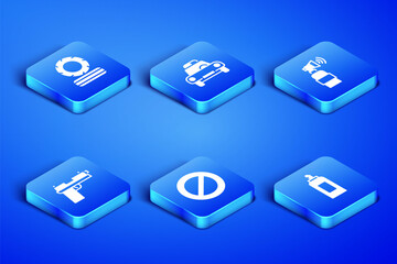 Set Paint spray can, Lying burning tires, Ban, Pistol or gun, Police car and flasher and Air horn icon. Vector