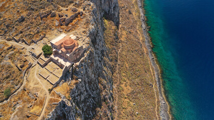 Aerial drone photo of small Byzantine church of Agia Sofia on top of Monemvasia medieval castle a small replica of Istanbul Agia Sofia, Lakonia, Greece