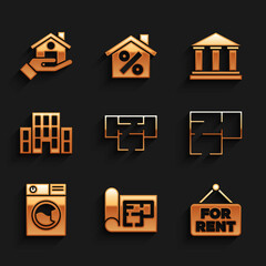 Set House plan, Hanging sign with For Rent, Washer, Museum building and Realtor icon. Vector