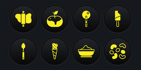 Set Spoon, Ice cream, in waffle cone, Flour bowl, Lollipop, Apple caramel, Jelly candy and Rolling pin dough icon. Vector