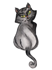 character black cat with big green eyes sitting half a turn