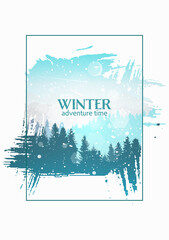 Winter mountains landscape. Isolated white frame brush strokes. Travel, discovering, exploring, observing nature. Hiking tourism. Adventure. Polygonal flat design graphic poster. Vector illustration