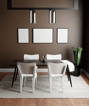 Modern dining room in a luxury house with three frames on wall and  green plant