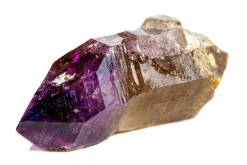 Macro Mineral Stone Amethyst together smoky quartz, rauchtopaz on a white background