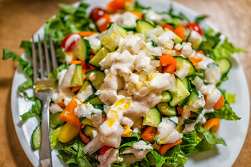 Closeup of fresh blue cheese dressing creamy chopped vegetable salad with bell peppers on romaine lettuce greens and drizzled with olive oil