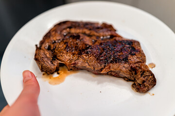 Woman hand holding medium rare grilled grass-fed ribeye rib eye meat beef steak on white plate serving it