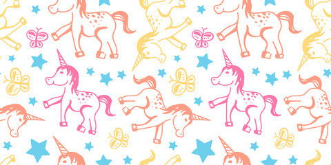 Seamless pattern with children's doodles of unicorns and stars, delicate pastel colors