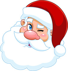 Classic Santa Claus Face Portrait Cartoon Character Winks. Vector Hand Drawn Illustration Isolated On Transparent Background