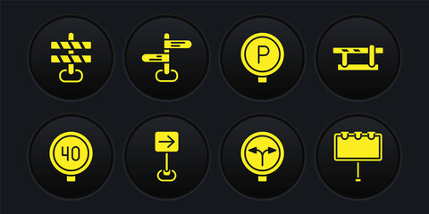 Set Speed limit traffic, Parking car barrier, Traffic sign turn right, Fork the road, Road, Billboard with lights and icon. Vector