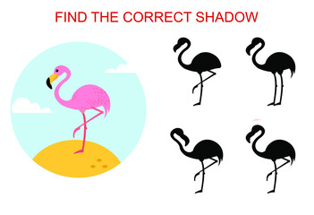 Find the correct shadow. Cartoon style pink flamingo bird. Educational game for children.