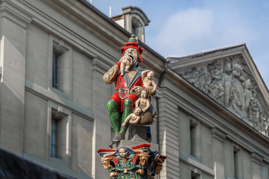 Ogre Fountain or Child Eater Fountain (Kindlifresserbrunnen) - medieval fountain created in 1545 at Bern Old Town - Bern, Switzerland