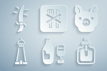 Set Wine bottle with glass, Pig, Mosque tower or minaret, Perfume, Ramadan fasting and Arabian saber icon. Vector