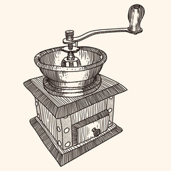 Manual wooden coffee grinder with a bowl for coffee beans. Fast linear sketch.