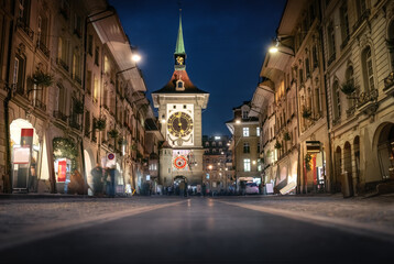 Kramgasse street at night with Zytglogge - Bern, Switzerland