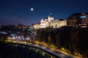 Federal Palace of Switzerland (Bundeshaus) at night - Bern, Switzerland